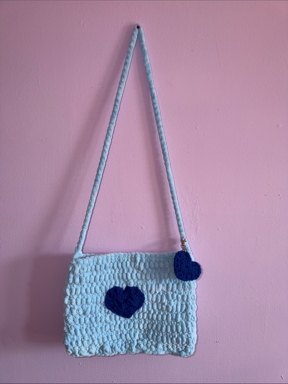 Light Blue Crochet Heart Crossbody Bag with Navy Accents